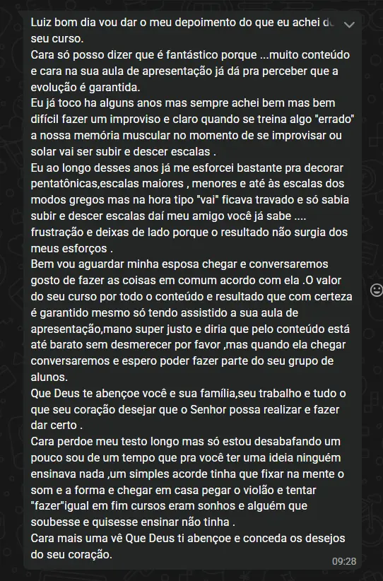 Depoimento de aluno sobre improvisação e o valor do conteúdo