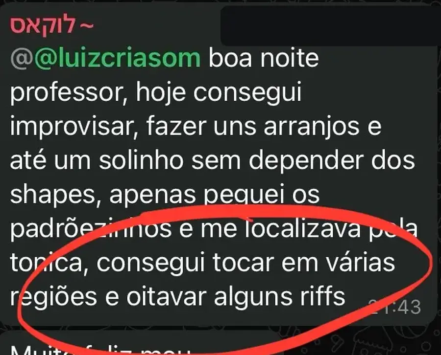Detalhe ampliado da mesma mensagem do aluno